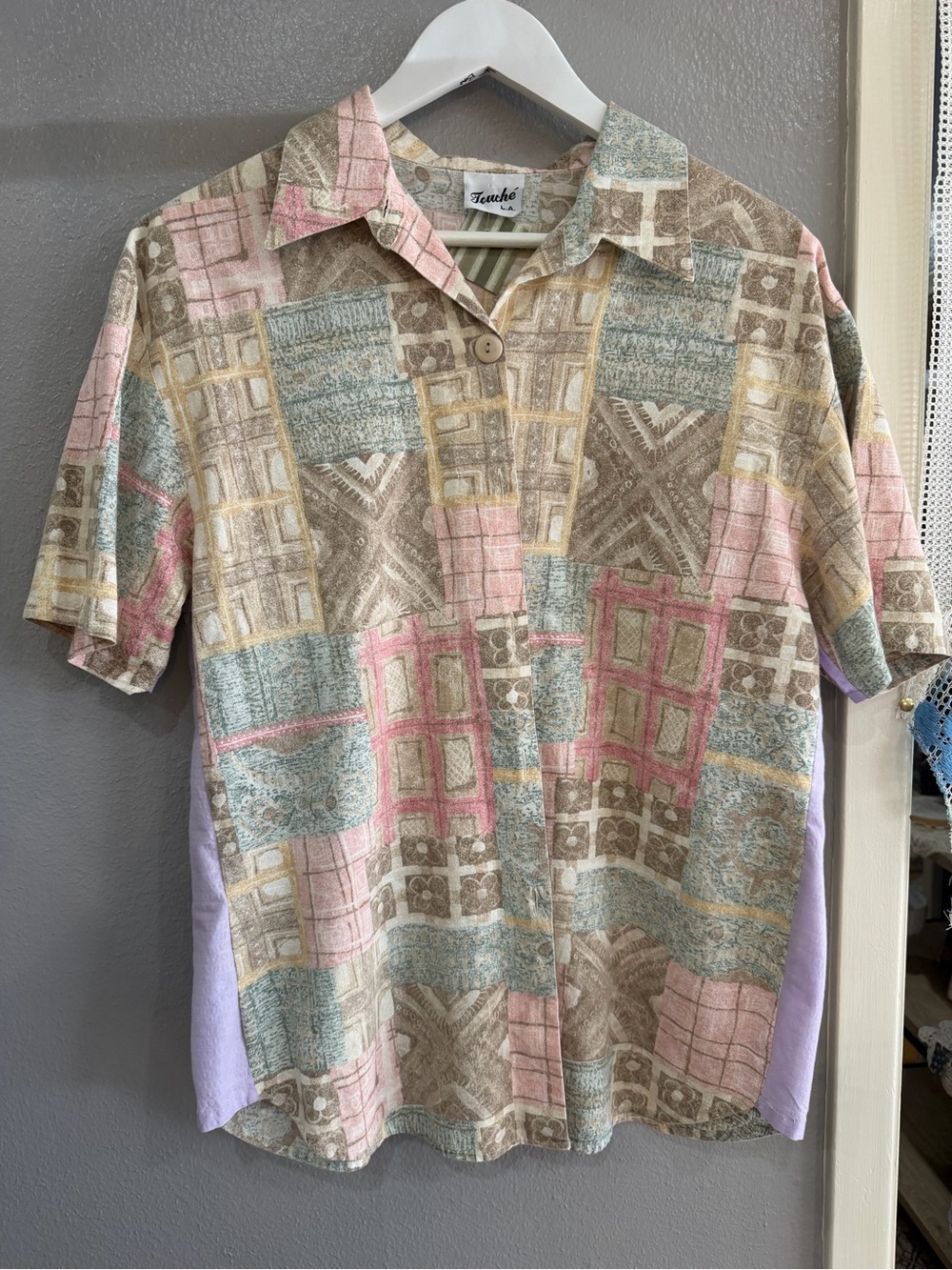 Teuchel Patchwork Short-Sleeve Button-Down Shirt in Pastel Pink & Blue